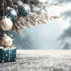 A Christmas composition with snow, Christmas tree decorations, and a gift, created using a neural network. A Christmas photo with space for text or a product in a dark tone.