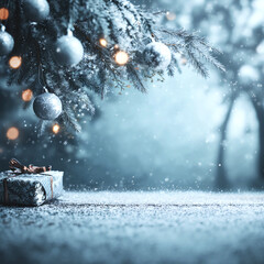 A Christmas composition with snow, Christmas tree decorations, and a gift, created using a neural network. A Christmas photo with space for text or a product in a dark tone.