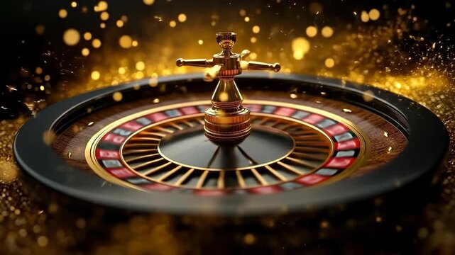 Gold-lit roulette wheel!. A roulette wheel spins, surrounded by golden lights and sparkles, creating an atmosphere of thrill and anticipation.