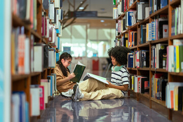 Student girls sitting on the floor reading book between bookshelf in school library. Learning education concepts.