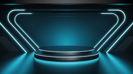 Dark podium with bright blue neon lights and reflections