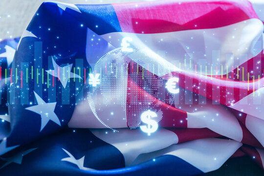 Currency symbols and financial data overlay on American flag representing global economy