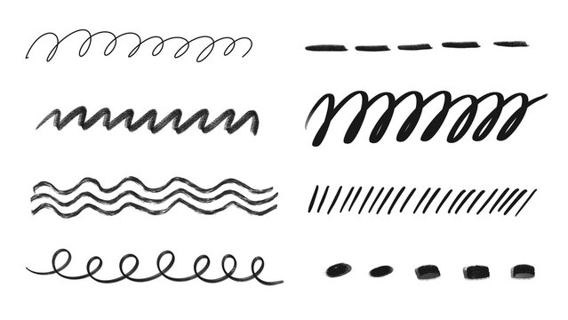 Set of hand-drawn black underline doodle and divider lines on transparent background. Linear graphic elements, designed to function as decorative dividers, underlines, or borders. Charcoal, pencil.PNG