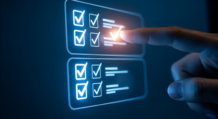 Satisfied user completing critical tasks on a digital checklist interface, achieving goals with glowing checkmarks and modern technology