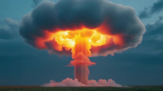Large explosion creates mushroom cloud over open landscape