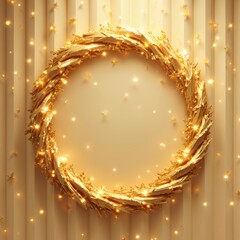 Noble circular award frame ornate gold wreath detail radiant star accents premium 3d rendering gentle spotlight effects champagne colored background garlands decoration holiday isolated festiv
