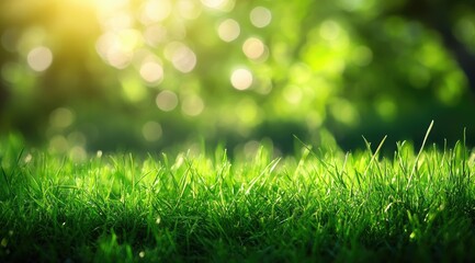 Obraz premium Lush green grass field with sunlight bokeh