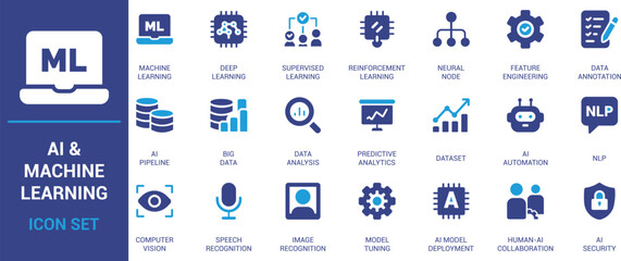 AI and machine learning icon set featuring symbols for deep learning, data analysis, NLP, computer vision, automation, and predictive analytics in flat blue style.