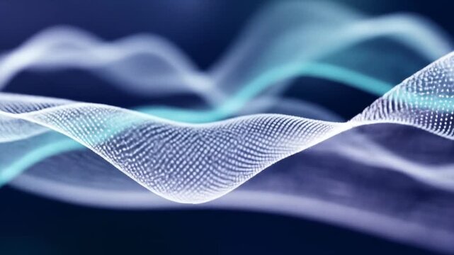 Abstract digital wave pattern with glowing particles and flowing lines on a dark background.