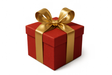 Red gift box presenting with a shiny gold ribbon and bow for christmas, birthday, anniversary, or other special events