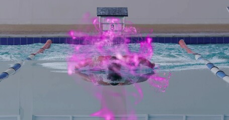 Swimming butterfly stroke cutting through water near lane ropes, block 8, with purple digital glow