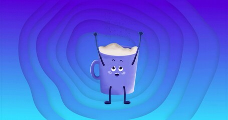 Showing purple mug with handle arms and legs posing in layered gradient background with white froth