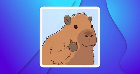 Cartoon capybara giving thumbs-up gesture in blue-purple gradient, with white rounded-square frame