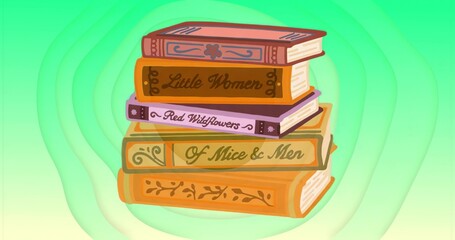 Displaying decorative hardcover book stack standing on gradient backdrop, with visible spine titles