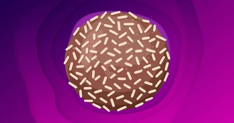 Presenting chocolate donut with cream-colored sprinkles on abstract purple-magenta backdrop, design