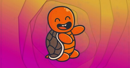 Cheerful orange cartoon turtle waving on layered gradient backdrop, with toothy grin