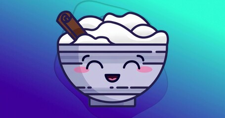 Smiling cartoon bowl displaying fluffy white contents on gradient background, with cinnamon stick