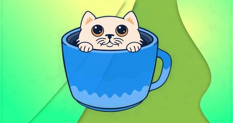 Cartoon cat peeking over rim of blue ceramic mug in abstract background, featuring gradient shapes