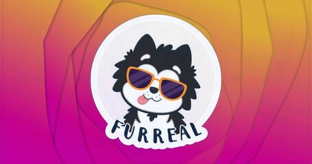 Displaying dog wearing sunglasses and sticking tongue out in white circular sticker showing FURREAL