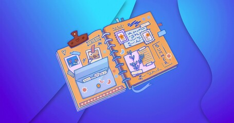 Spiral-bound notebook lying on gradient backdrop, showcasing Polaroid photos, washi tape and stamps