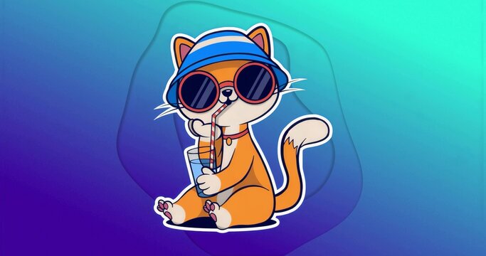 Fototapeta Sipping orange cat wearing bucket hat, sunglasses against gradient, with striped straw and glass