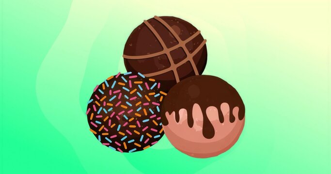 Naklejki Displaying three chocolate-covered confectionery balls on green cream canvas with colorful toppings