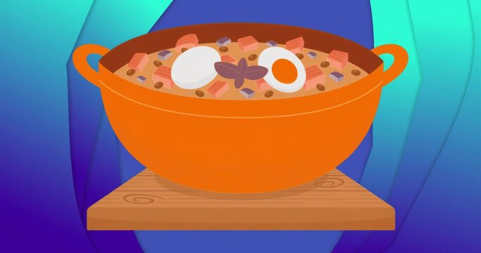 Featuring bright orange cooking pot simmering stew on wooden board, with egg halves and star anise