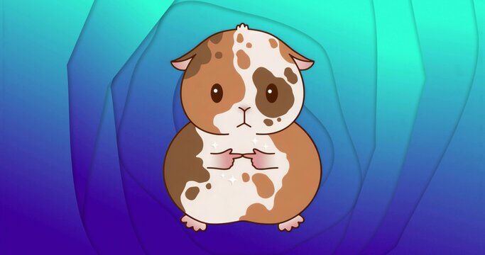 Cartoon guinea pig pressing front paws together in abstract teal blue gradient, with small sparkles