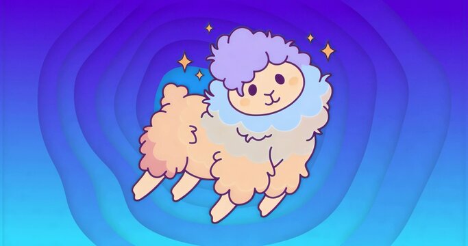Naklejki Floating pastel fluffy alpaca-like creature drifting above gradient rings, with sparkling stars