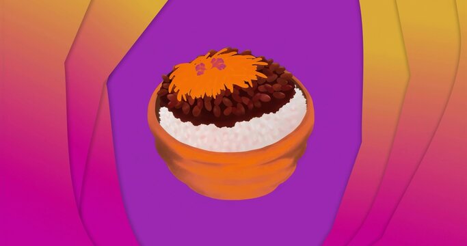 Floating terracotta bowl showing white rice dark red beans shredded orange garnish on bold gradient