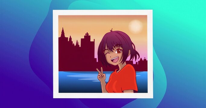 Winking anime female holding peace sign at maroon waterfront skyline, with sun, border, copy space