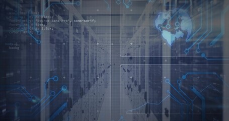 Displaying data center aisle stretching, highlighting server racks, code snippets and globe graphic