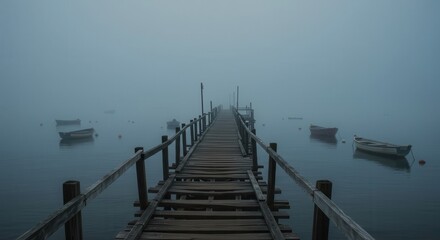 Obraz premium Dilapidated wooden pier extends into a dense, cool blue fog over still water with small boats.