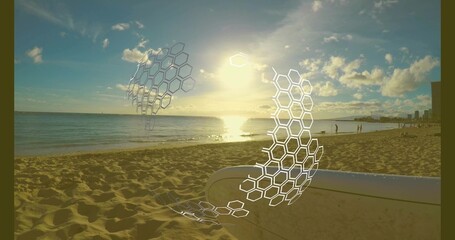 Surfboard lying on golden sand at beach near beachgoers, with hexagonal overlays hovering