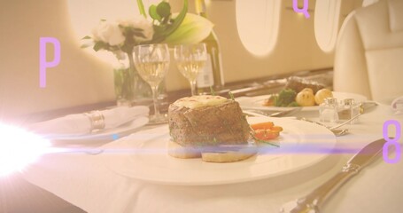 Presenting grilled steak on white plate in private jet cabin, with side dish and wine glasses © vectorfusionart