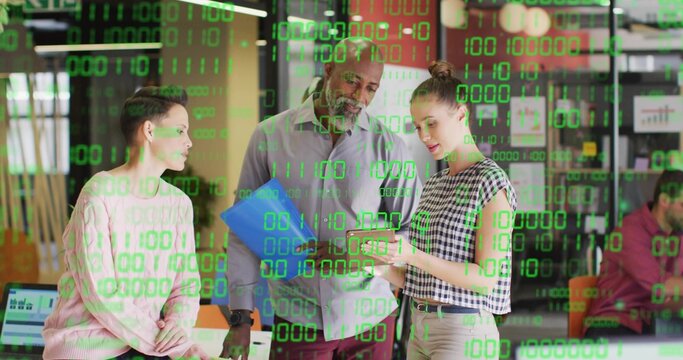 Three colleagues examining tablet and folder in modern office, discussing data with binary overlay