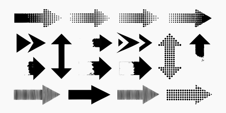 Collection of diverse black arrow icons with different textures and styles on a white background
