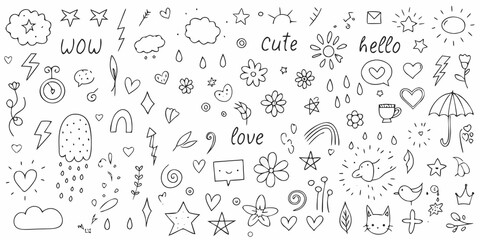 Obraz premium Collection of hand drawn doodle elements including hearts stars clouds flowers and weather symbols