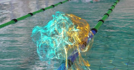 Hovering glowing energy swirl above swimming pool with floating green-and-black and blue lane ropes