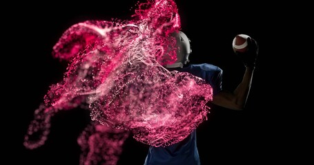 Cocking arm holding football, African American player on set with white helmet, pads, red particles