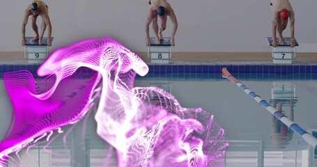 Crouching male swimmers gripping blocks 9 8 7 on pool edge with lane divider, purple-white effect