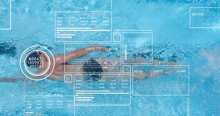Cutting male swimmer performing freestyle stroke in competition pool, with overlays, goggles, cap