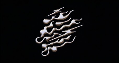 Flowing white fluid flame-inspired shapes swirling over black void backdrop, with stylized energy