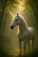 Obraz premium Ultra realistic crystal unicorn in glowing forest light with soft mist, HDR cinematic fantasy look, sharp focus, perfect stock photo quality. 