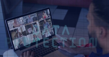 Displaying laptop showing nine team members in home office with grid overlay and PROTECTION text