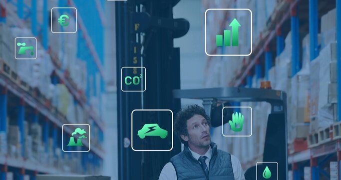 Warehouse operations manager monitoring floating AR icons in aisle near forklift and shelving racks