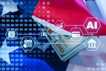 AI technology enhances financial transactions on a backdrop of the American flag and currency notes