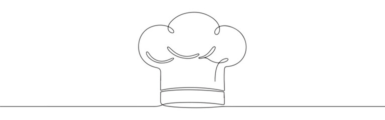 Continuous line drawing of a chef's hat, symbolizing cooking, culinary arts, and professional cuisine, isolated on a white background.