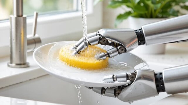 robotic hands washing a white plate with a yellow sponge under running water