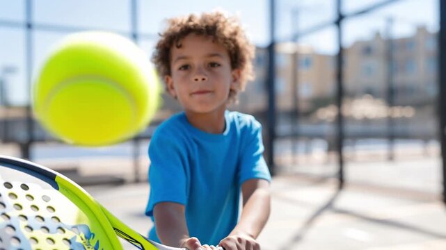 smiling boy hitting a tennis ball with a padel racket during outdoor game